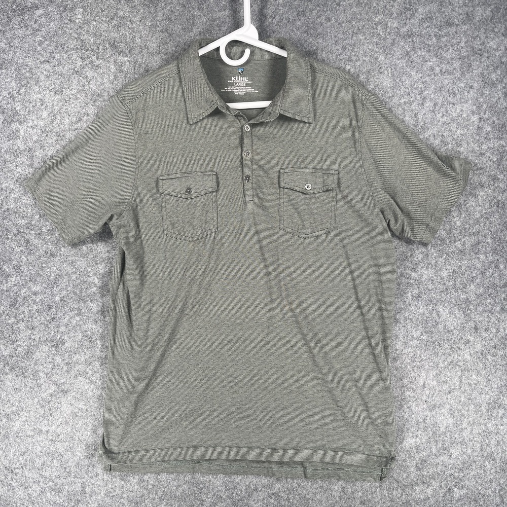 Kuhl Polo Shirt Mens Large Gray‎ Stripe Double Pocket Outdoor Performance Casual